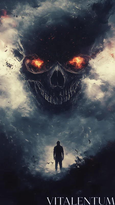 Lone wanderer confronts infernal skull storm in burning dusk.