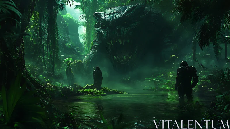 Armored explorers confront colossal jungle beast in misty swamp