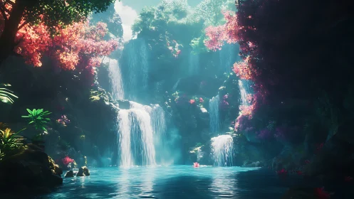 Luminescent jungle falls cradling a turquoise dream pool.