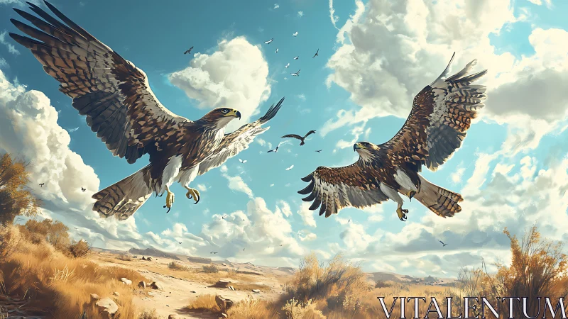 Majestic Eagles Soaring Over Desert Landscape in Realistic Art.