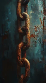 Rusted metal chain links against worn blue steel wall.