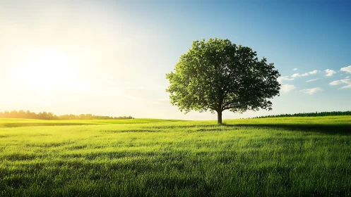 Solitary broadleaf tree on sunlit meadow under clear sky