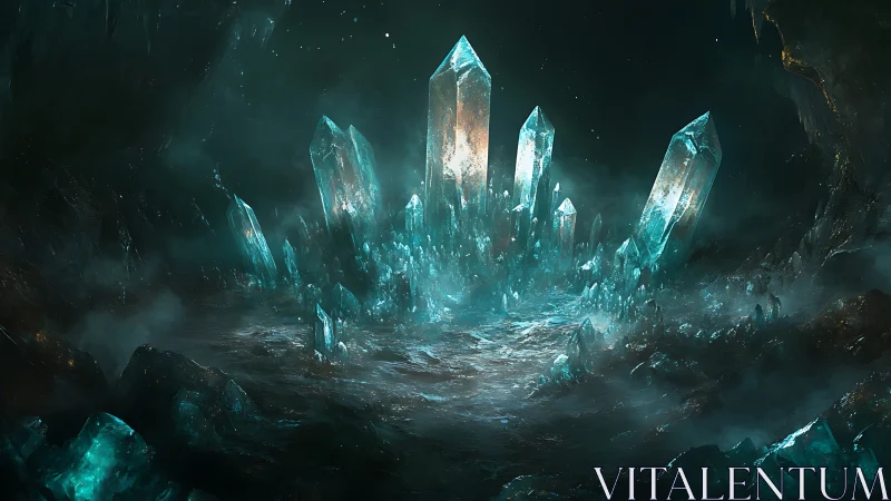 Luminous cyan crystal spires in mist-laden subterranean cavern.