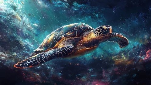 Luminous Sea Turtle in Nebular Ocean Digital Painting.