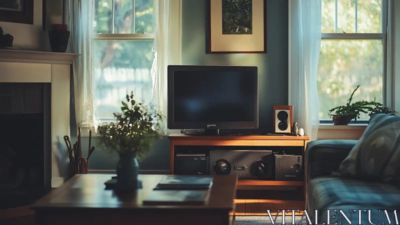 Warm living room media console with flat-screen TV and stereo