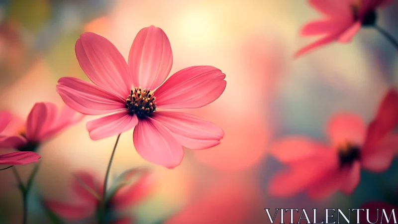 Pink Cosmos Flowers in Soft Focus Garden Setting.