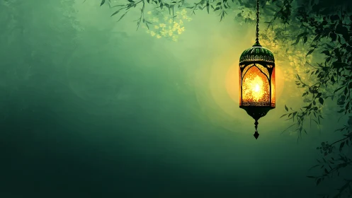 Emerald twilight lantern whispering light through leaves.