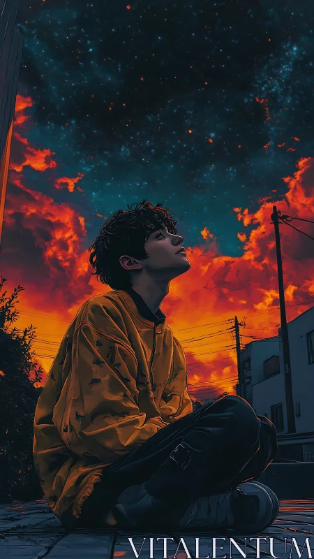 City dreamer resting beneath a glowing cosmic sunset sky.