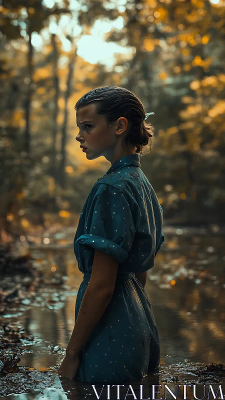 Solitary girl wades through forest creek in cinematic backlight
