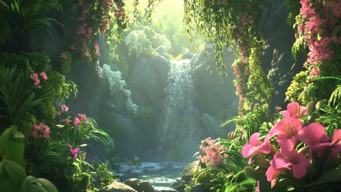Luminous jungle waterfall framed by lush pink blossoms.