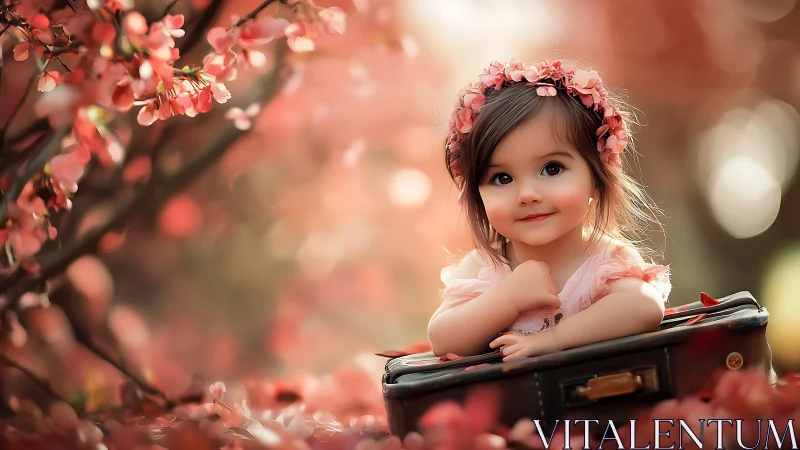 Toddler with floral headband in soft-focus outdoor scene.