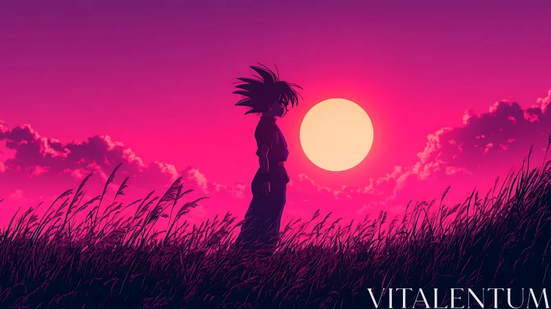 Anime figure silhouetted in tall grass at vivid sunset.