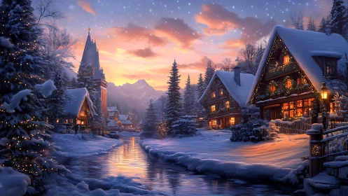 Digital winter village panorama with luminous riverside cottages.