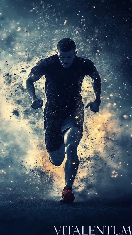 Sprinter erupts through cosmic dust in blazing motion storm.