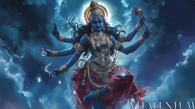 Blue multi-armed celestial goddess amid stormlit night clouds