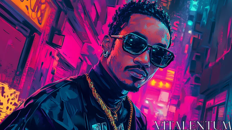 Cool man in neon city alley wears bold dark sunglasses