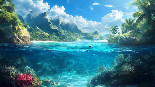 Tropical Paradise: Crystalline Lagoon With Dramatic Volcanic Peaks and Submerged Coral Formations