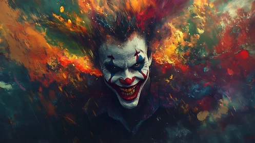 Clown portrait with eruptive multicolor abstract background.