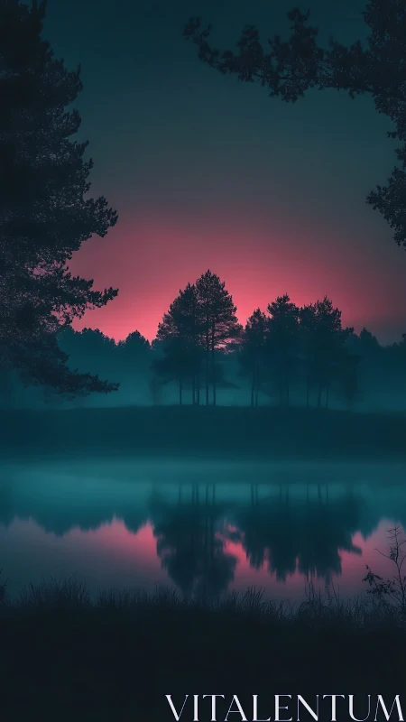 Midnight pines guarding a neon aurora over glassy water.