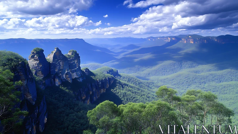Sunlit blue mountains stretch beyond dramatic rock cliffs