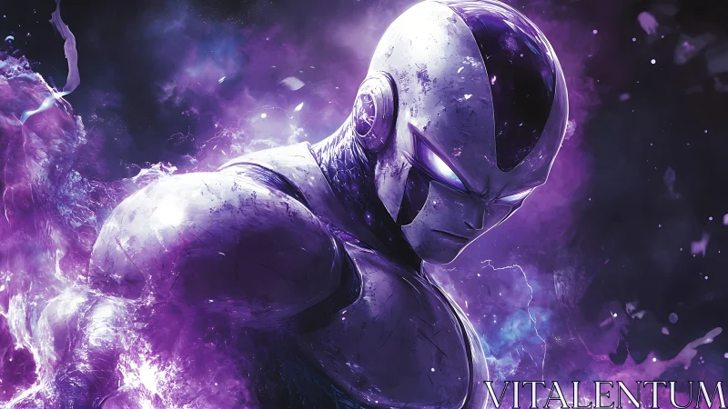 Armored alien warrior amid luminous violet plasma storm