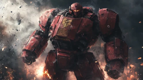 War-scarred red mech strides through explosive battlefield.