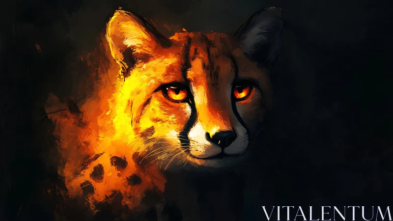 Cheetah with Fire-Illuminated Face in Dark Setting.