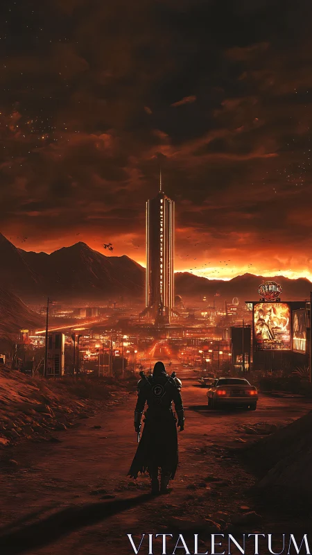 Lone armored figure approaches neon-lit dystopian city