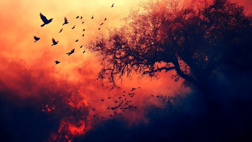 Silhouetted tree and birds against burning twilight sky.