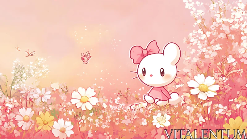 Gentle bunny friend enjoys a dreamy pink spring meadow