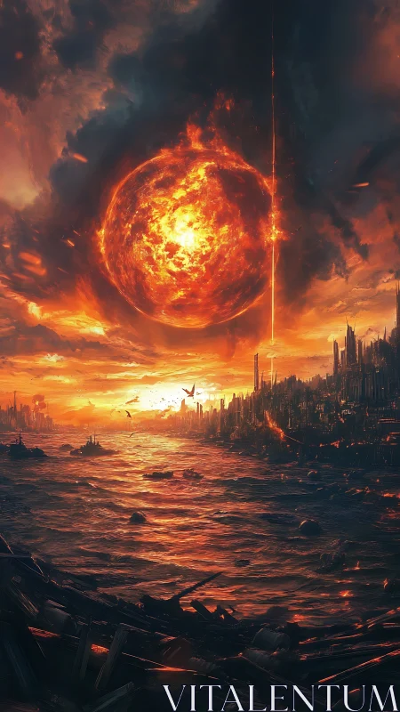 Digital painting of apocalyptic sunfall over ruined megacity.