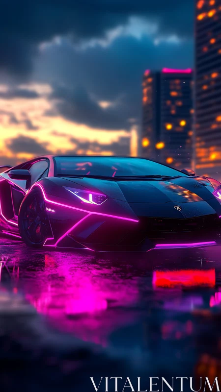 Neon supercar under city lights on reflective wet street.