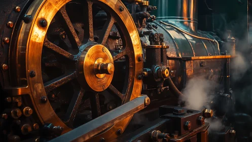 Steam locomotive drive wheel in warm industrial light.