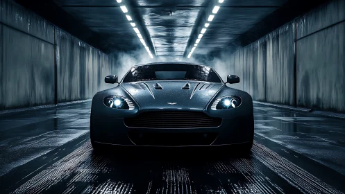 Midnight sports car stands poised in a rain-slick neon tunnel