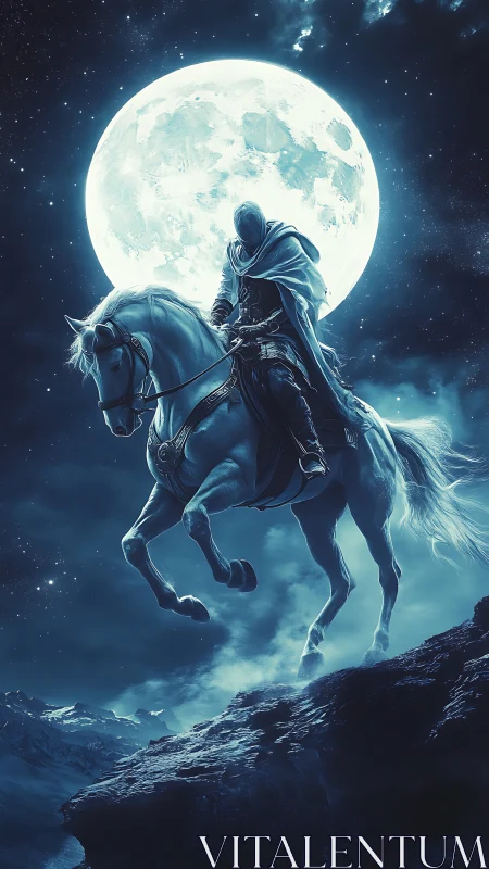 Moonlit rider on a rearing white horse welcomes the night