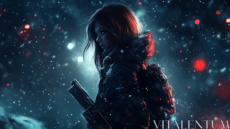 Lone neon huntress pacing through a storm of frozen embers.