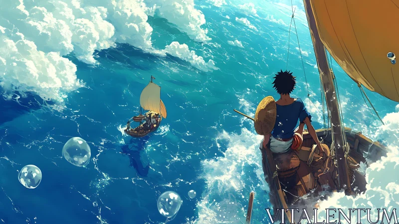 Young sailor gazes over sparkling sea, chasing open horizons.