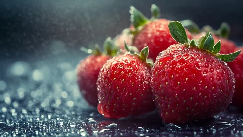 Glowing ripe strawberries rest in cool shimmering droplets