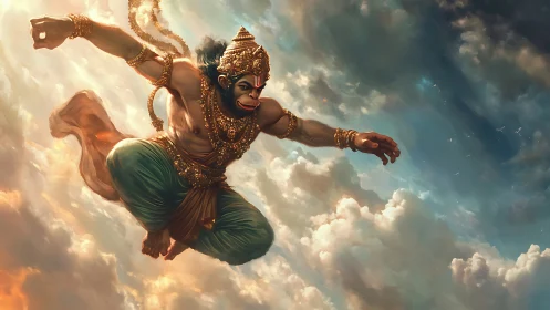 Mythic monkey warrior soars through stormlit heavens.