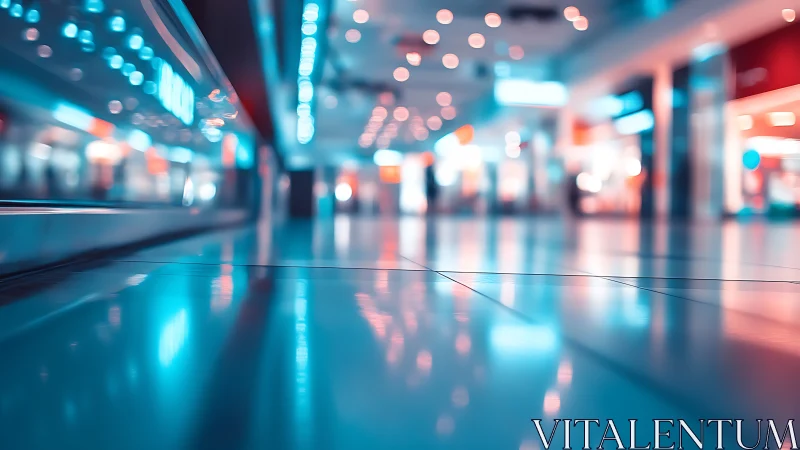 Neon mall corridor glows across polished reflective floor