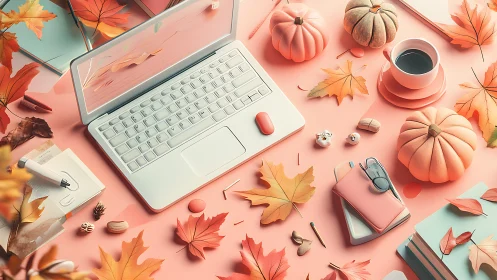 Minimalist pastel laptop workspace with autumn pumpkins and leaves