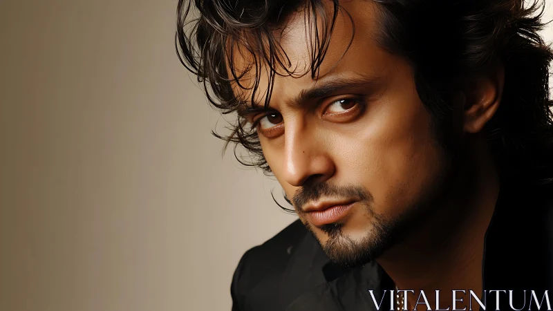 Smoldering gaze of a tousled-haired dreamer in amber light.