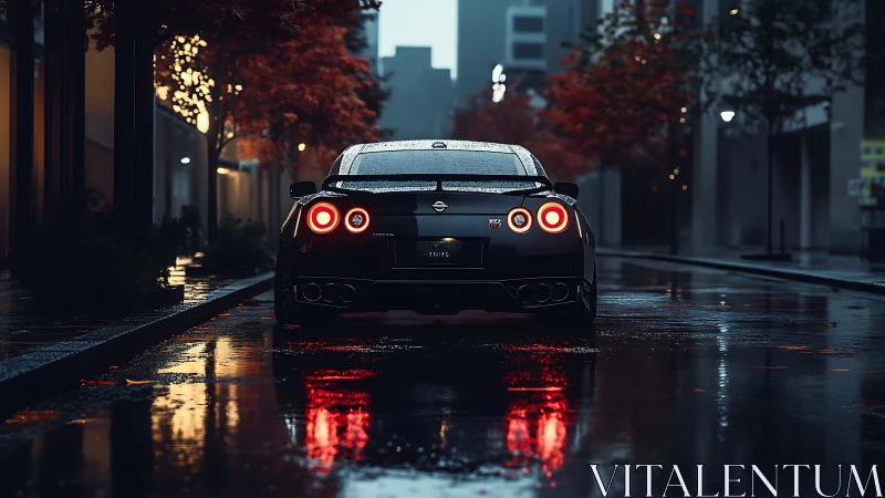 Midnight skyline hunter idles among rain slicked autumn streets