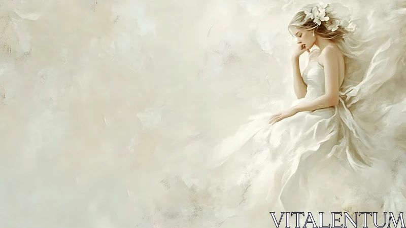 Ethereal bride resting in high-key monochrome, soft brush textures