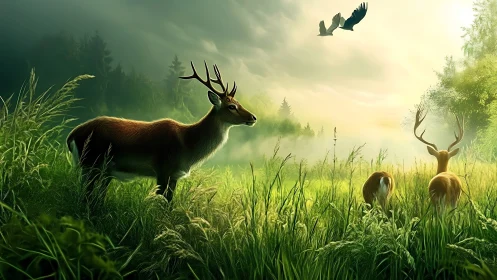 Gentle deer in sunlit meadow wrapped in soft morning mist.