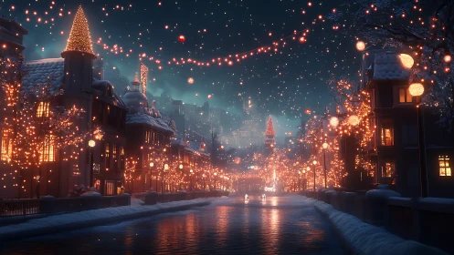 Snow-laden canal under dense festive illuminations at night