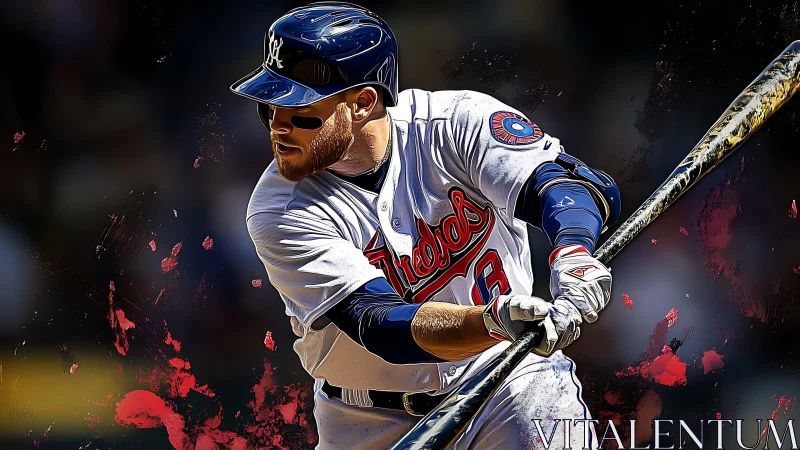 Power hitter swings bat through erupting red paint streaks.