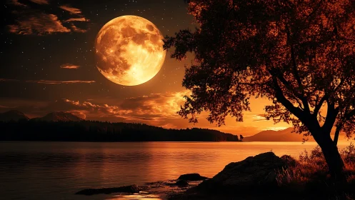 Glowing harvest moon welcomes a calm lakeside evening
