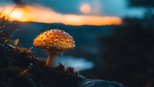 Orange fly agaric glows against blurred sunset landscape