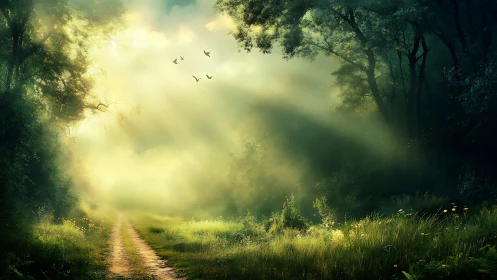 Enchanted Forest Path with Sunbeams in Dreamy Morning Light.